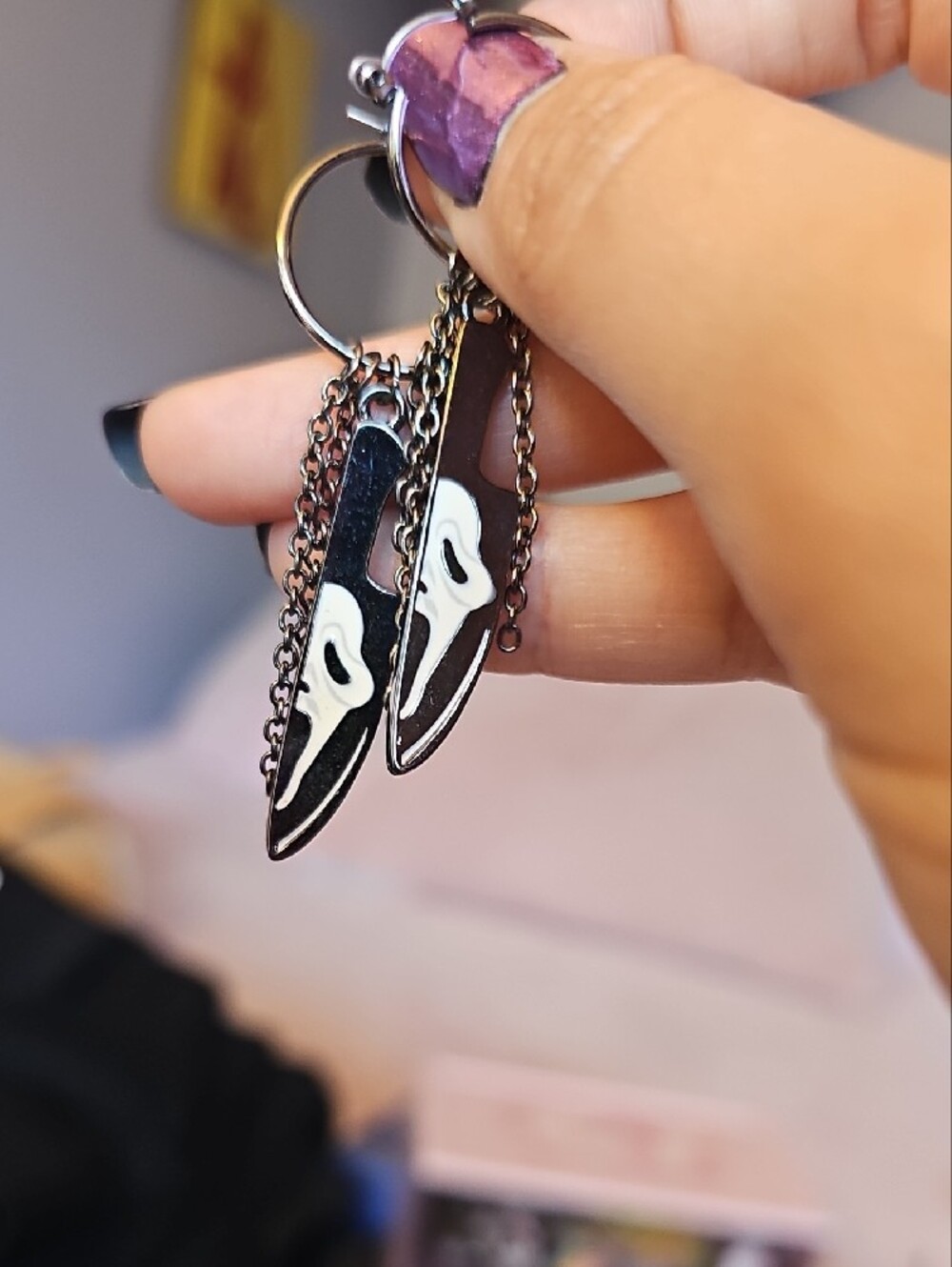 Scream Ghost Face Charm Hoop Earrings in Black and Silver - Picture 3 of 3